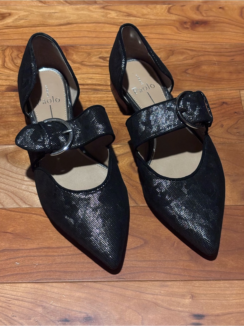 Lines Paolo Black Textured Pointed Mary Jane Flats with Buckle Strap